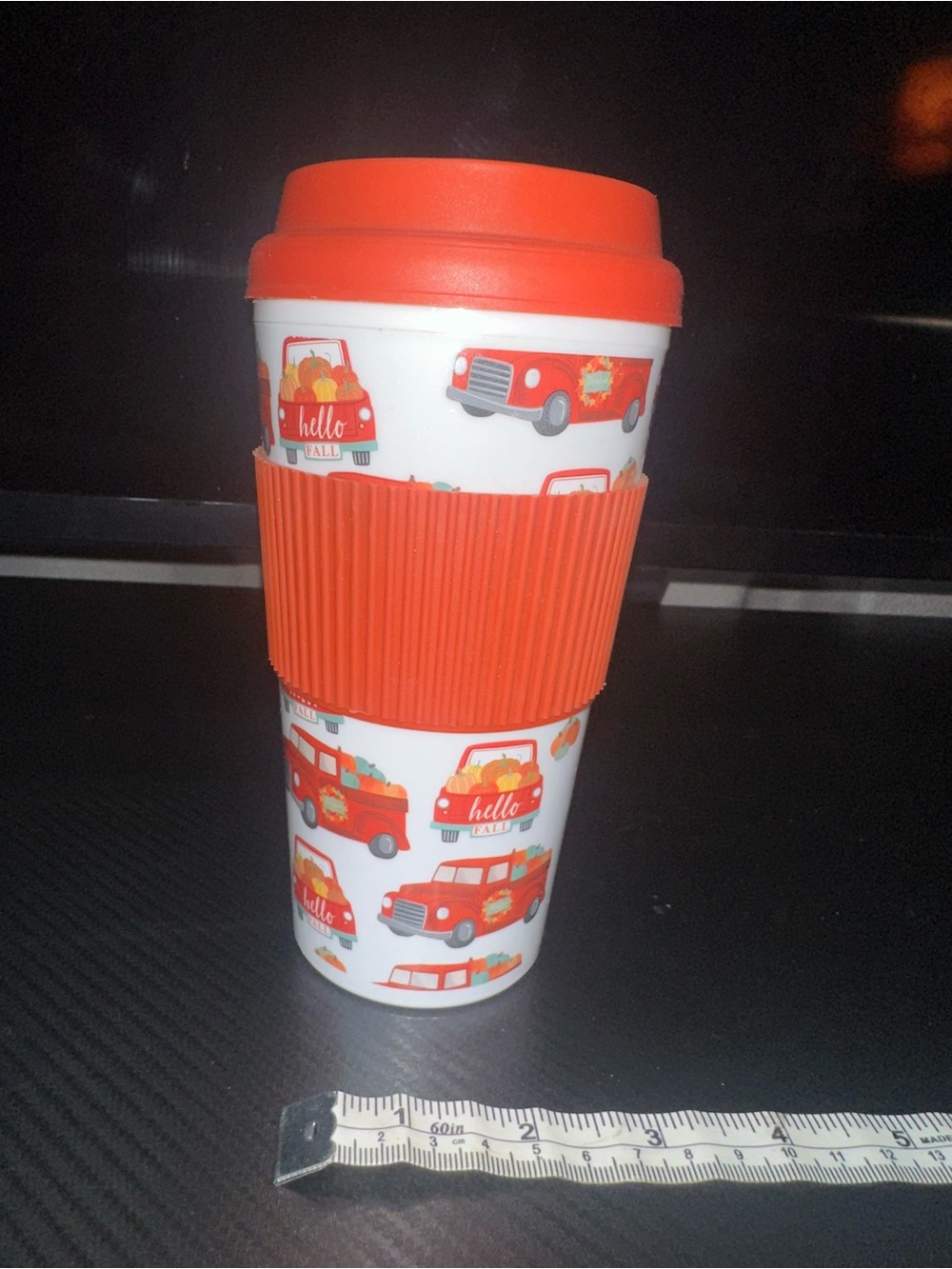 Insulated Travel Mug with Orange Lid & Truck Print